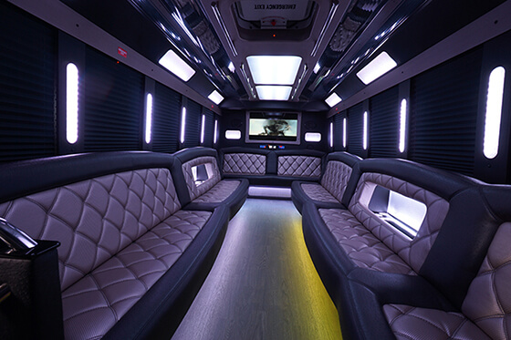 purple leather furniture on party bus interior